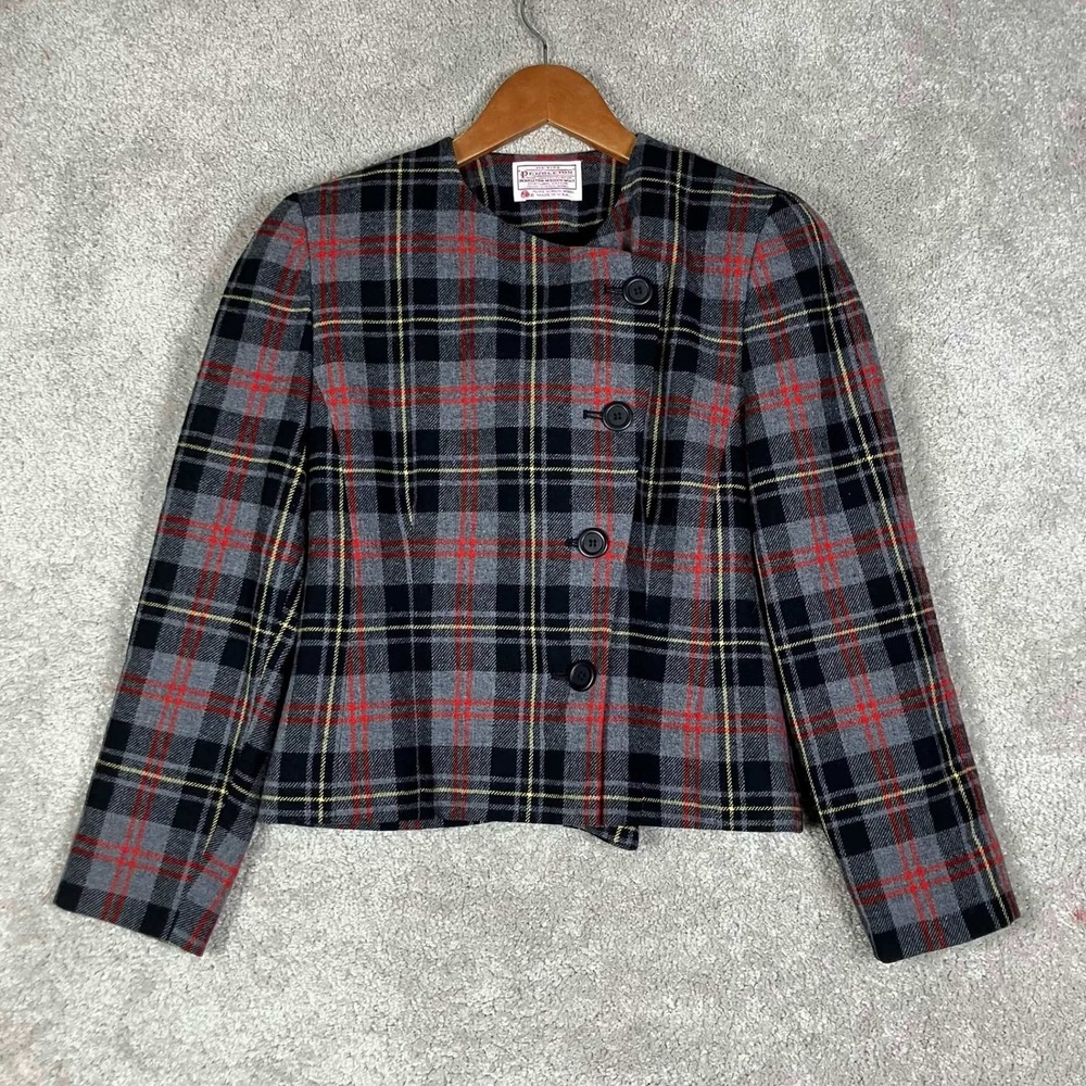 VTG 80s Pendleton Wool Crop Blazer Women 4 Grey Red Plaid Asymmetric Button USA
